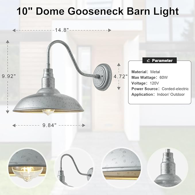 10in. Dome Outdoor Gooseneck Barn Light, 2 Pack Galvanized Steel Exterior Gooseneck Lighting Fixture with Wall Mount Farmhouse Style Outside Barn Door Wall Sconce, Waterproof, LM2201-SV-2P