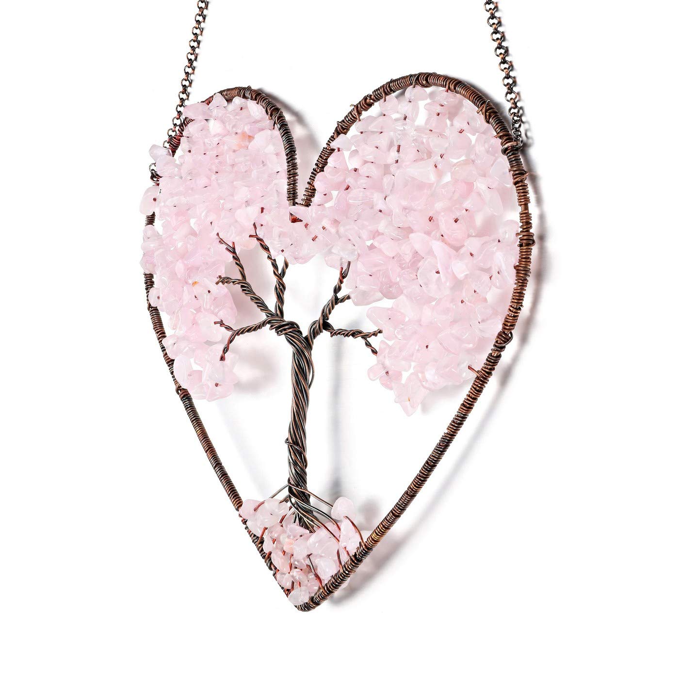 PESOENTH Rose Quartz Crystal Tree of Life Heart Wall Hanging Decor Gifts for Women,Bohemian Pink Healing Crystals Reiki Stones Ornaments Spiritual Gifts Christmas Tree Home Hanging Decorations