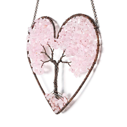 PESOENTH Rose Quartz Crystal Tree of Life Heart Wall Hanging Decor Gifts for Women,Bohemian Pink Healing Crystals Reiki Stones Ornaments Spiritual Gifts Christmas Tree Home Hanging Decorations
