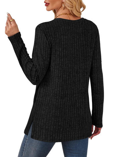 SAMPEEL Womens Sweaters Crewneck Long Sleeve Shirts with Pockets Fall Outfits 2025 Fashion Winter Clothing Side Slit