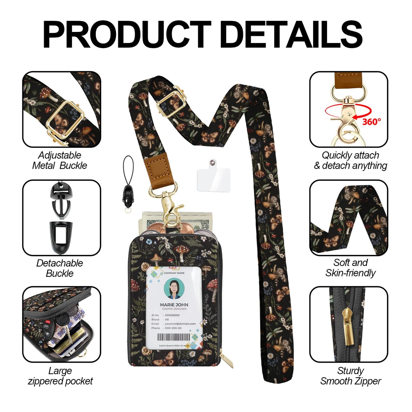 bolimoss Mushroom Lanyard for Wallet, Boho ID Badge Holder & Lanyard Wallet, Cute RFID Leather Keychain Wallets with Breakaway Wrist & Neck Lanyards for Women Worker Teacher Student Nurse