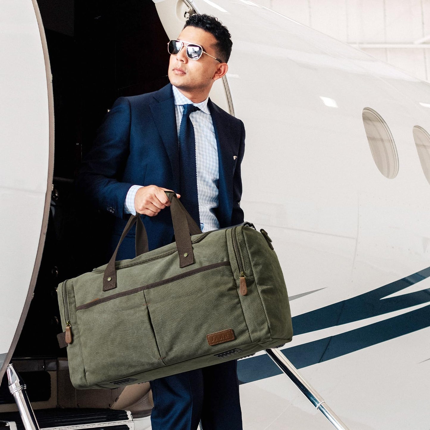 S-ZONE Large Canvas Travel Duffel Bag Weekend Overnight Bag with Shoes Compartment Holdall Gym Bag with Multi-Pockets for Men and Women, Army Green, X-Large