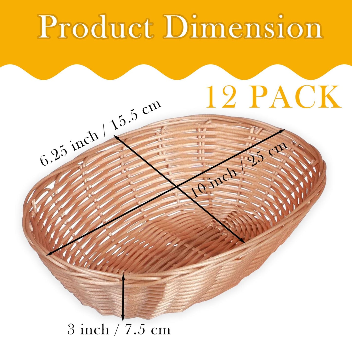 Nexboraque 12 Pack Plastic Oval Basket, Empty Bread Basket 10 x 6.25 x 3 Inch Food Storage Basket Bulk, Plastic Wicker Baskets Bin for Kitchen Serving, Centerpiece Display, Christmas Gifts, Brown