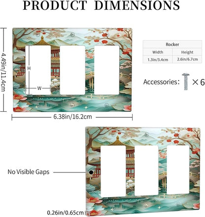 Asian Palace Traditional Bridge Cherry Blossoms 3 Gang Rocker Triple Outlet Wall Plate Decorative Switchplate Cover Faceplate GFCI Light Switch Covers for Farmhouse Living Decor