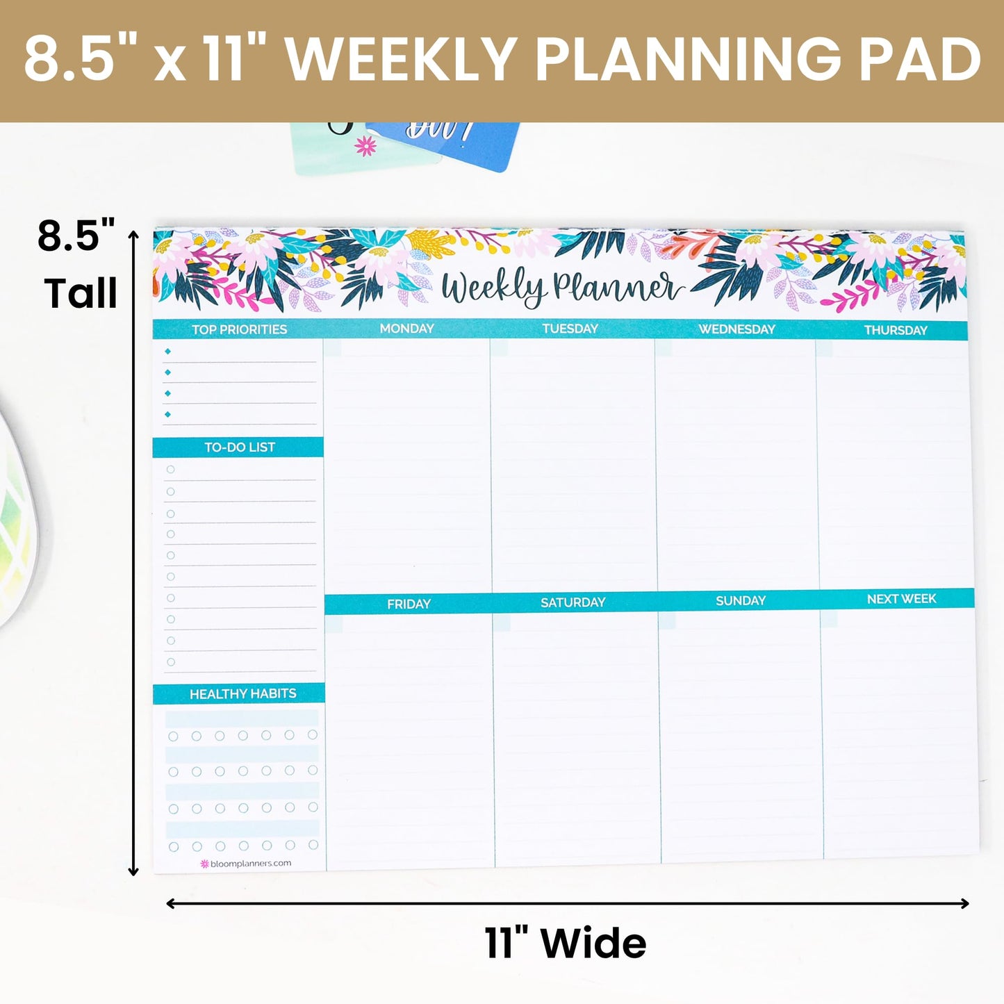 bloom daily planners Horizontal Weekly Tear-Off To Do List Planning Pad - Undated Notepad Organizer & Healthy Habit Tracker - 8.5” x 11” - Floral