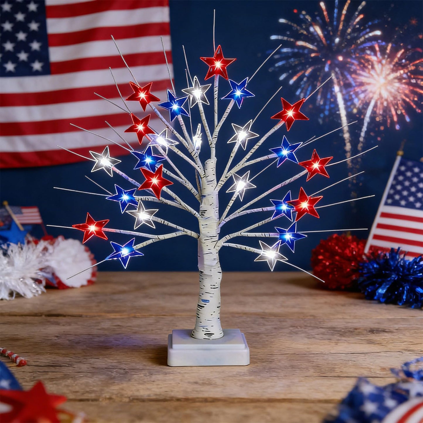 18" 4th of July Patriotic Decorations Tree with 24 LED Red White Blue Star Lights, Independence Day Lighted Tree for Home Party Festival Mantel Centerpiece Decor