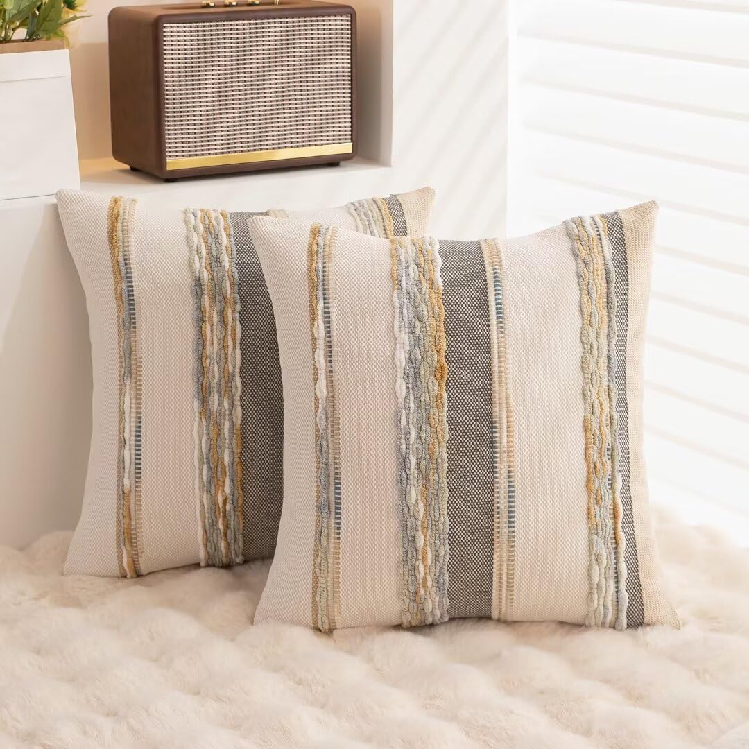 WANLIRD Boho Throw Pillow Covers 18x18 Set of 2 Farmhouse Decorative Cushion Case Striped Square Pillows Cover Chenille Pillow Cases Accent Neutral Pillowcase for Sofa Couch Bed,Orange-Gray