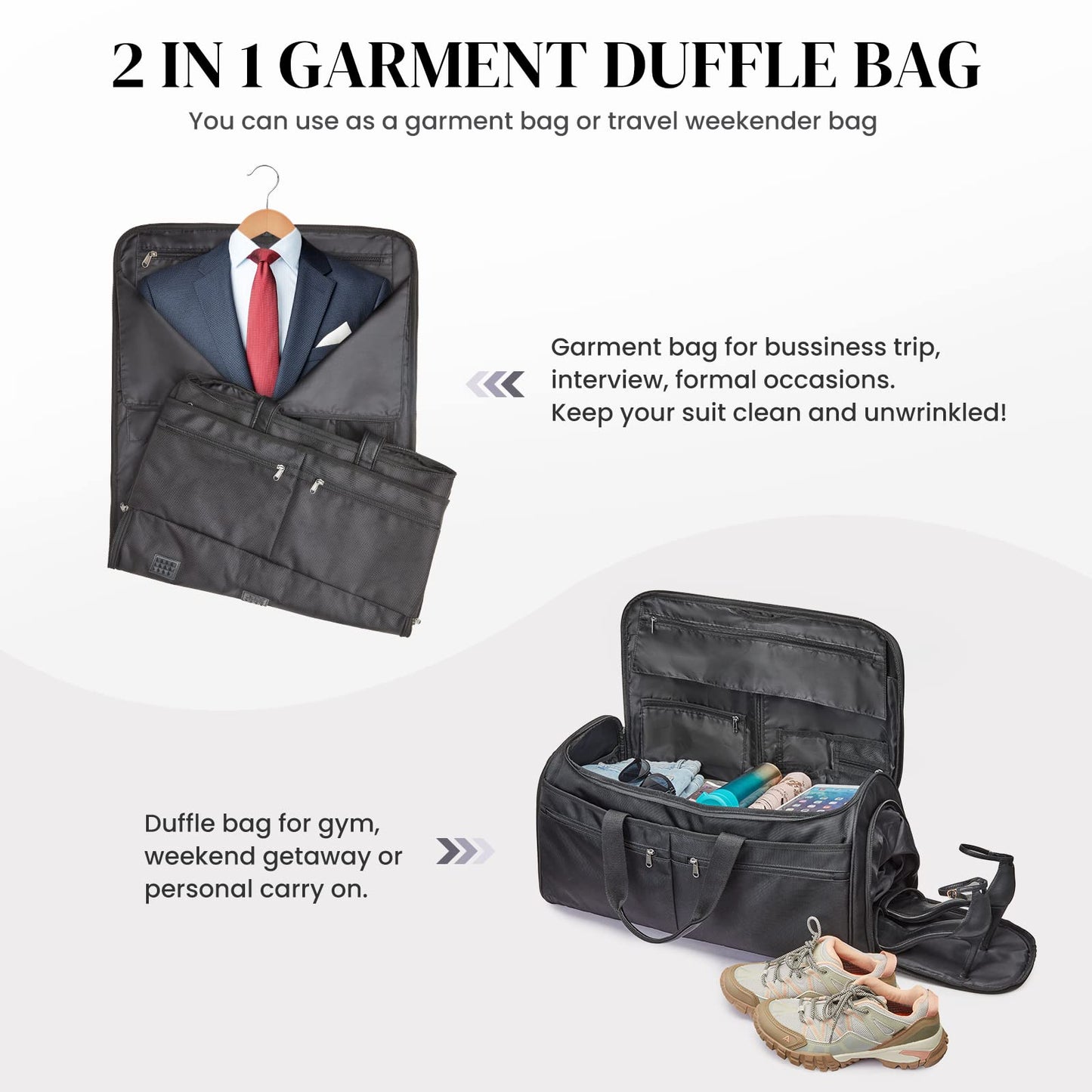 S-ZONE 50L Convertible Travel Garment Bag Carry on Garment Duffel Bag for Men Women 2 in 1 Hanging Suitcase Suit Business Travel Bag, Black