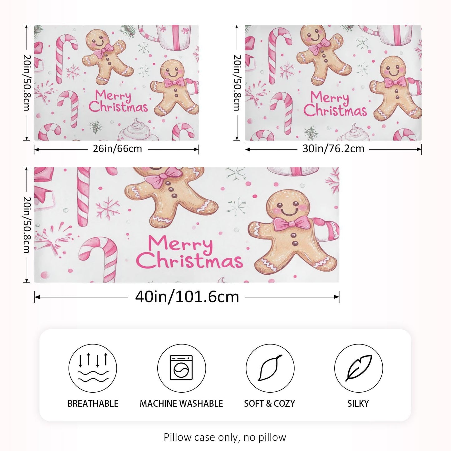 Dalzium Satin Pillowcase for Hair and Skin, Christmas Gingerbread Pink Cookies Silky Pillow Case Body Pillow Covers Queen Size with Envelope Closure