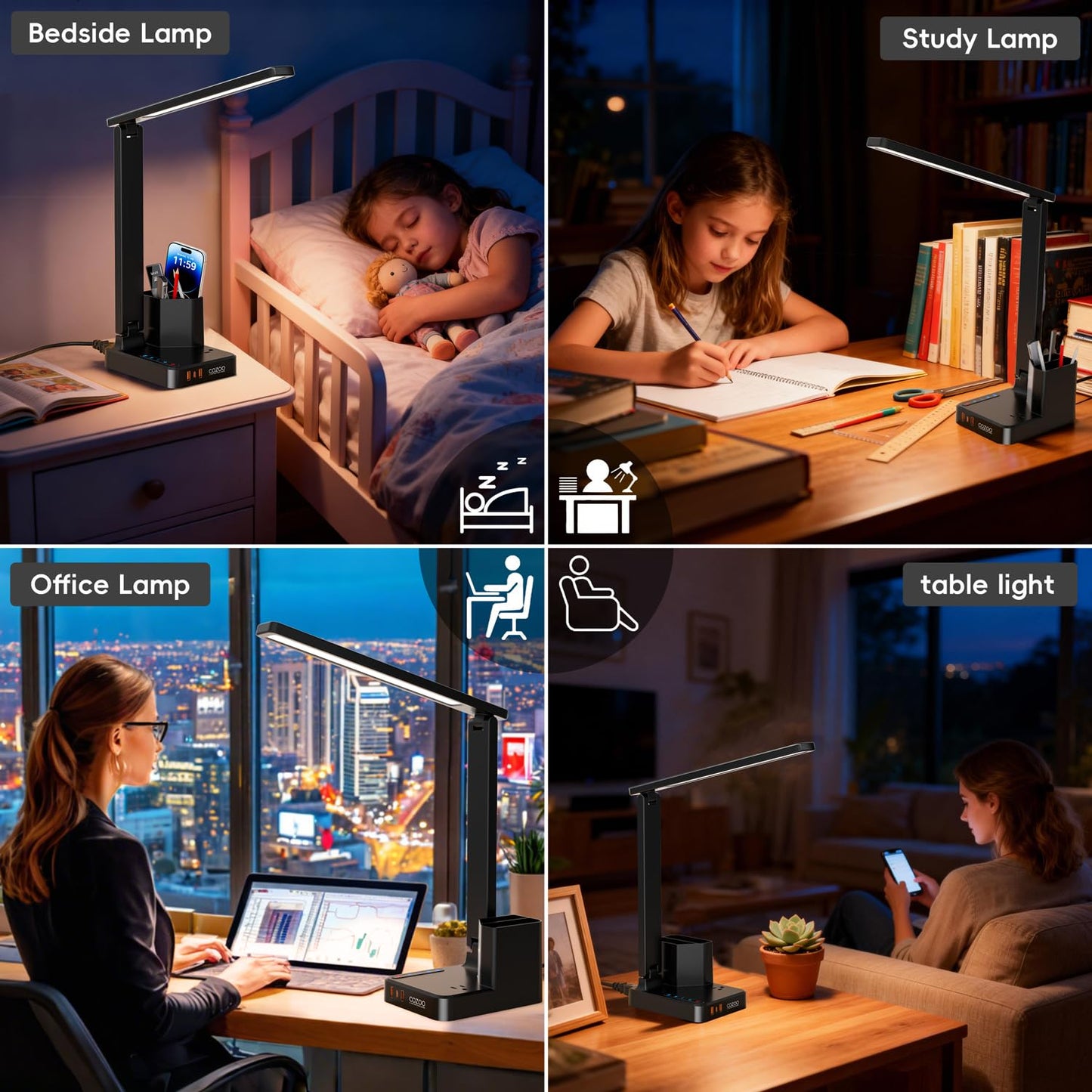 LED Desk Lamp with 3 USB Charging Ports 1 AC Outlet Small Table Lamp for Home Office/Bedroom/Study/College/Dorm Room Essentials, Foldable Reading Light w/Pen Holders for Craft/Artist/Puzzle/Nail/Task