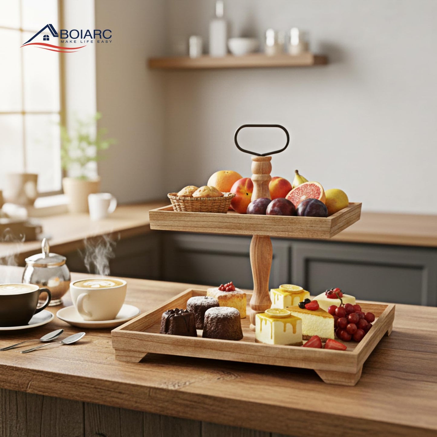 Boiarc Rustic Wooden 2 Tiered Tray Stand, Farmhouse Tiered Serving Tray Decor, Rectangle Wood Display Stands for Food Fruits Cupcake and Seasonal Festive Decorations (Brown)