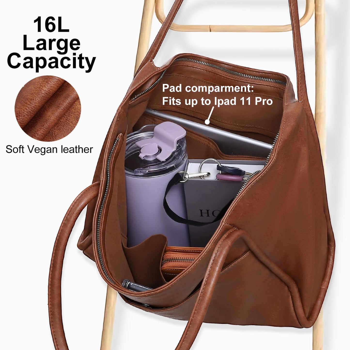 Utenwat Large Tote Bag for Women Work with Zipper 16L Vegan Leather Ladies Travel Purses and Handbags Brown