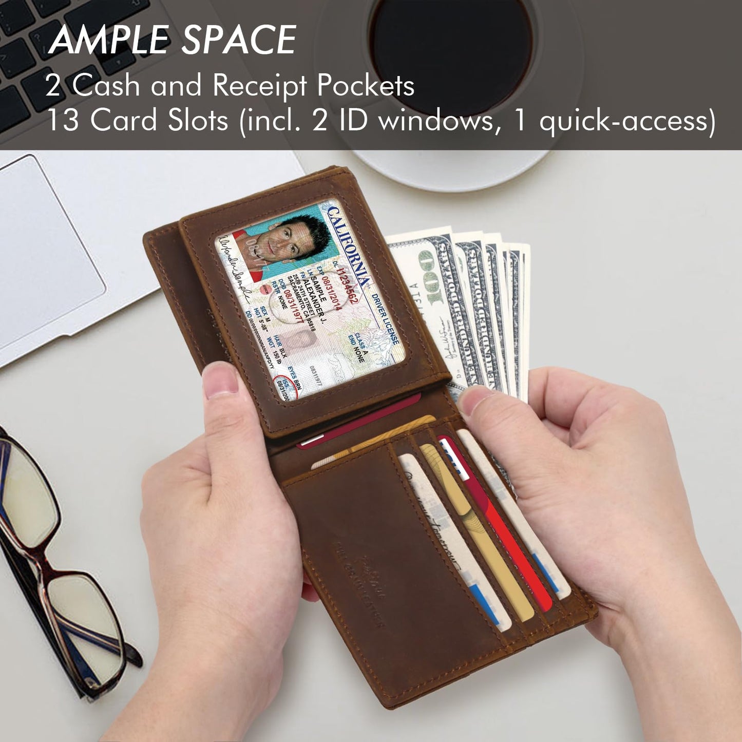 Pefiam Full Grain Leather Wallet for Men, RFID Blocking, Mens Wallet Bifold with 2 ID Windows, Billfold with 13 Card Slots, Leather Gift for Men, American Flag Wallet Dark Brown