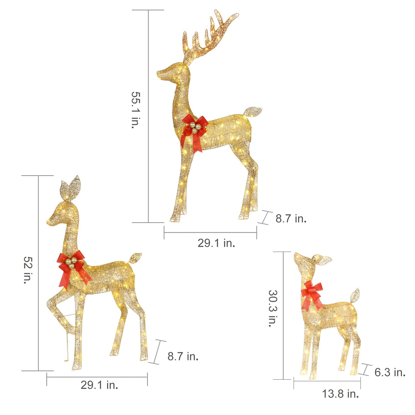 Lighted Christmas Decoration Deer 3 Piece, HOYECHI Light up Christmas Decor Reindeer Family Set for Indoor Outdoor Front Yard Porch with 210 LED Lights, Plug, Ground Stakes - Gold