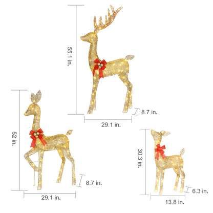 Lighted Christmas Decoration Deer 3 Piece, HOYECHI Light up Christmas Decor Reindeer Family Set for Indoor Outdoor Front Yard Porch with 210 LED Lights, Plug, Ground Stakes - Gold