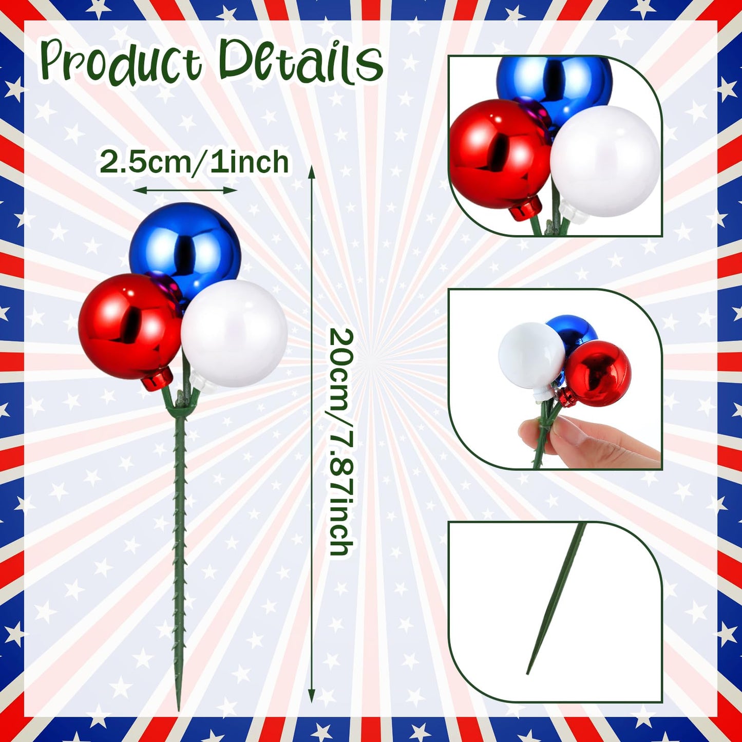 Syhood 12 Set 4th of July Red White and Blue Ball Picks Patriotic Tree Decoration 7.9 Inch 250th Anniversary Glitter Ball Ornaments on Wired Picks and Sprays for Independence Day Tree Wreath Vase DIY