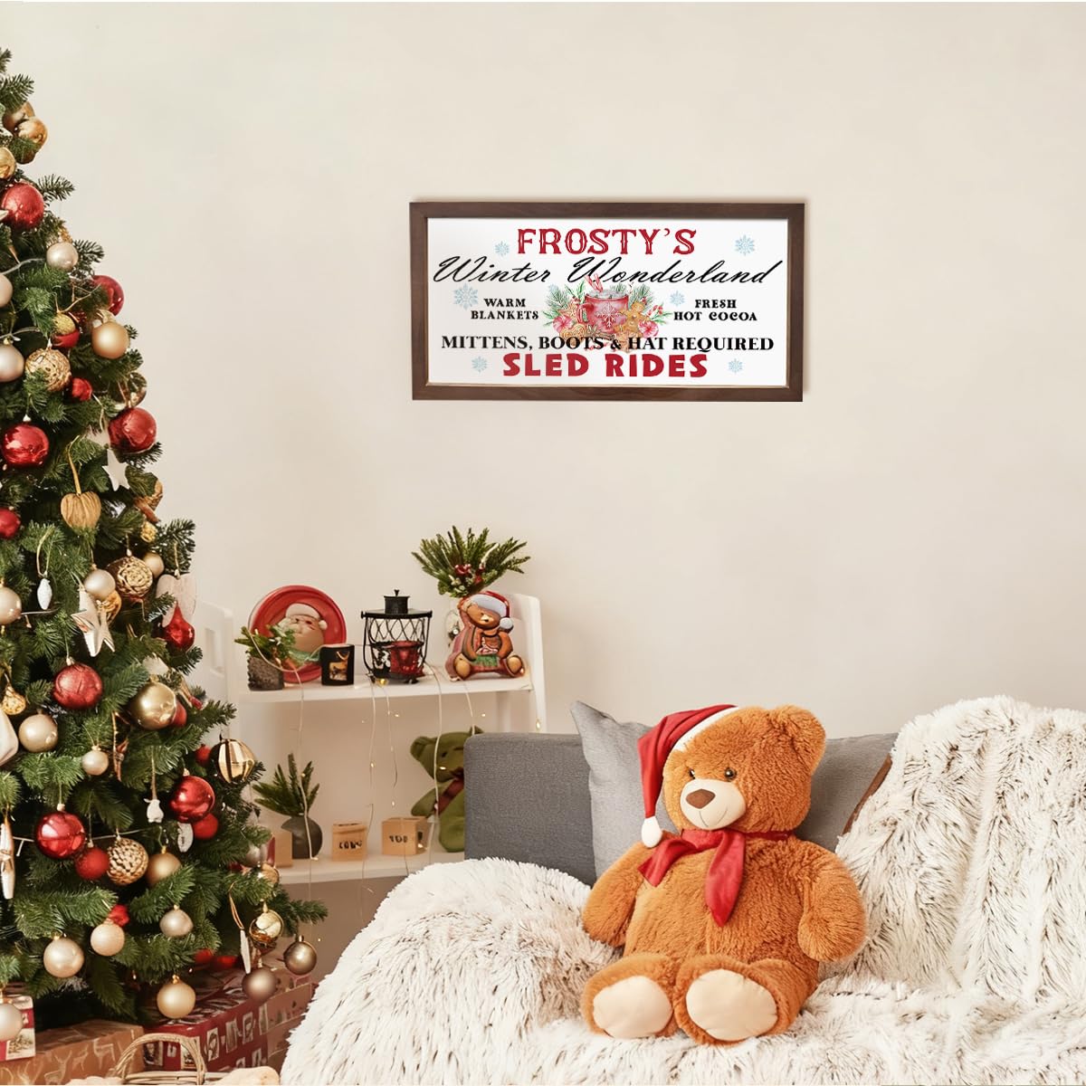 Frosty's Winter Wonderland Sign, Christmas Wall Decor, Winter Home Decor, Christmas Decoration Signs for Home Bar Cafe Decors, Rustic Framed Wooden Plaque 15×7.5×0.3 inches