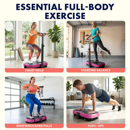 SQUATZ Vibration Plate Exercise Machine with Handlebar, Vibration Plate with Handles, 1-99 Speed Levels, 10 Preset Programs, Low-Impact Home Fitness Platform with Remote, Portable Design, Pink