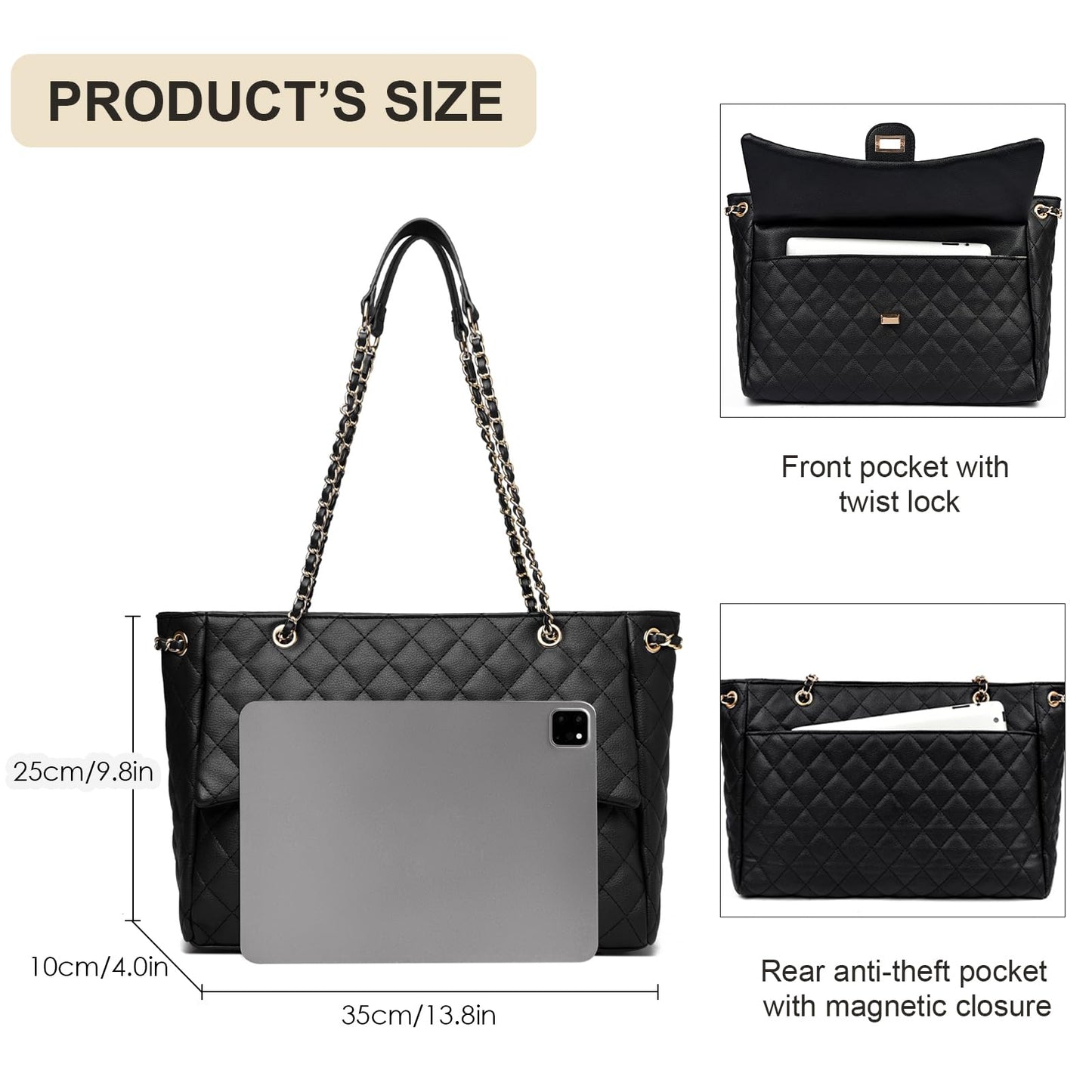 Eslcorri Quilted Satchel Tote Bag for Women, Elegant Leather Shoulder Handbag with Chain Strap and Twist-Lock, Classic Designer Crossbody Purse for Work, Travel, Dating & Evening Out, Black