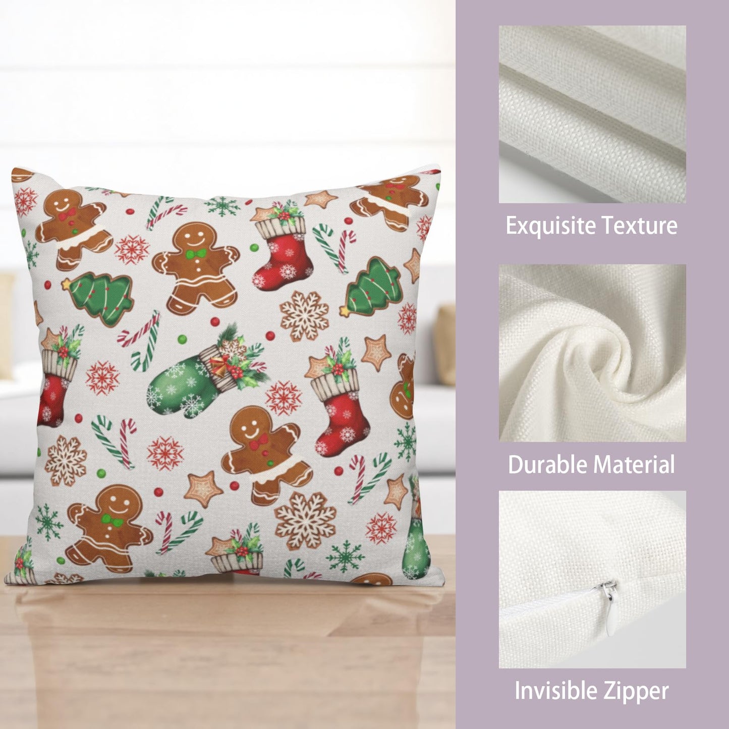 Kwlegh Christmas Pillow Covers 18x18 Set of 2 Gingerbread Man Throw Pillow Covers Xmas Tree Socks Gloves Snowflakes Pillow Case for Holiday Decor Couch Sofa