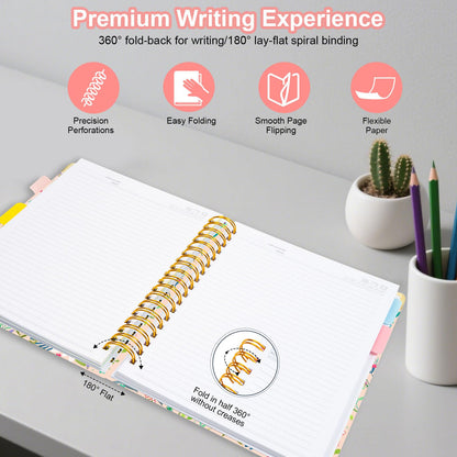 Spiral Journal Notebooks for Work, 300 Pages 5 Subject Notebook College Ruled with Dividers & Tabs, 8''x 10'' Large Notebook Journal for Women Students Note-Taking and Organizer (Beige Bloom)
