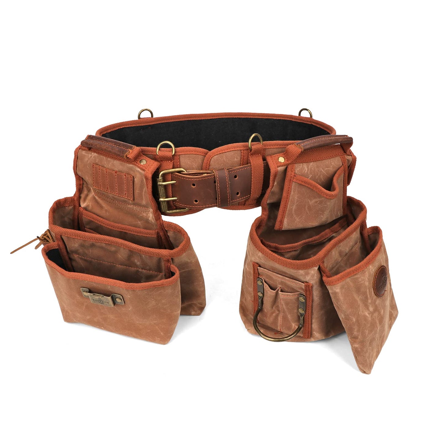 Heavy Duty Canvas Carpenter Tool Belt with Suspenders & 12 Pockets, Detachable Tool Pouch Set for Framers Construction Electricians, Padded Rig, Brown, Fits 39-46" Waist