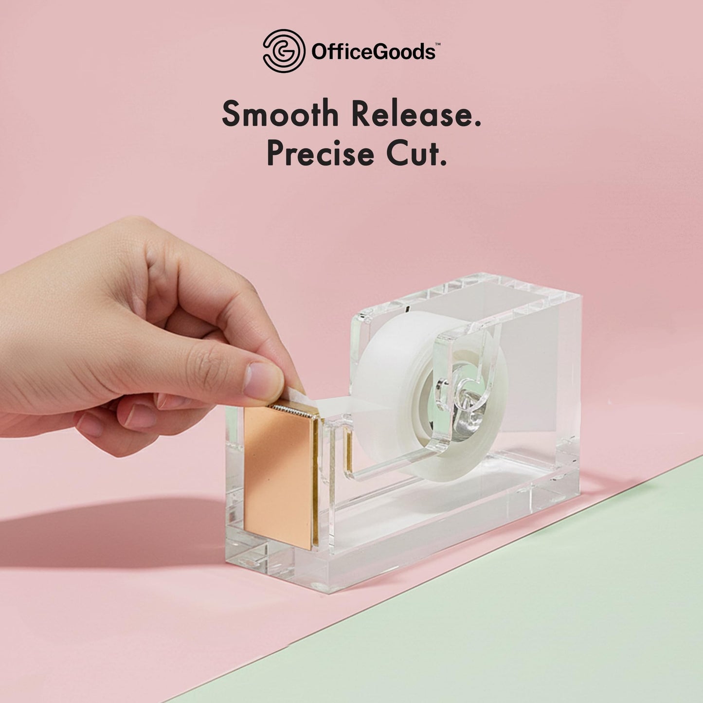 OfficeGoods Acrylic Tape Dispenser – Modern Desk Organizer for Office Supplies, Heavy Duty Refillable Tape Holder for Home and School Crafting, Stylish Desktop Accessory for Gift Wrapping, Gold