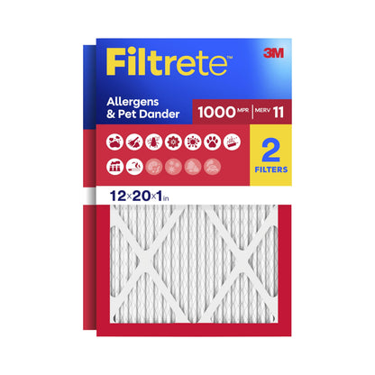 Filtrete 12x20x1 Air Filter, MERV 11, MPR 1000, Allergen Defense, 3-Month AC and Furnace Filter, Easy on Air Flow, 2 HVAC Filters (Actual Size 11.81 x 19.81 x 0.81 in)