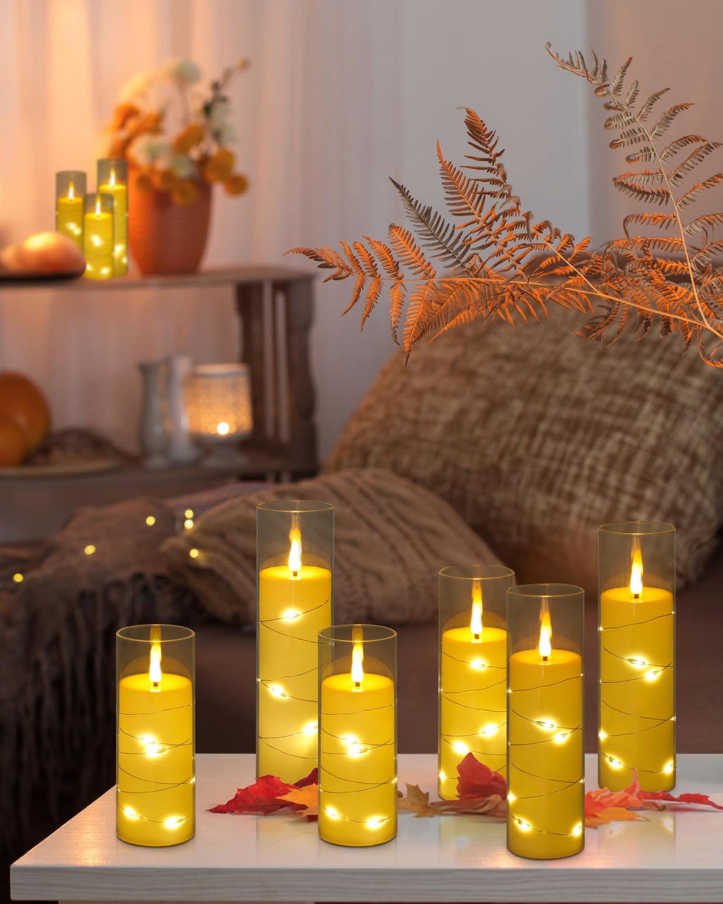 Enido 10 Pc Flameless LED Candles with Remote & Timer, Battery Operated Acrylic Pillar Set, Flickering Electric Lights with Embedded Star String for Cozy Home & Holiday Romantic Decor (Matte Clear)