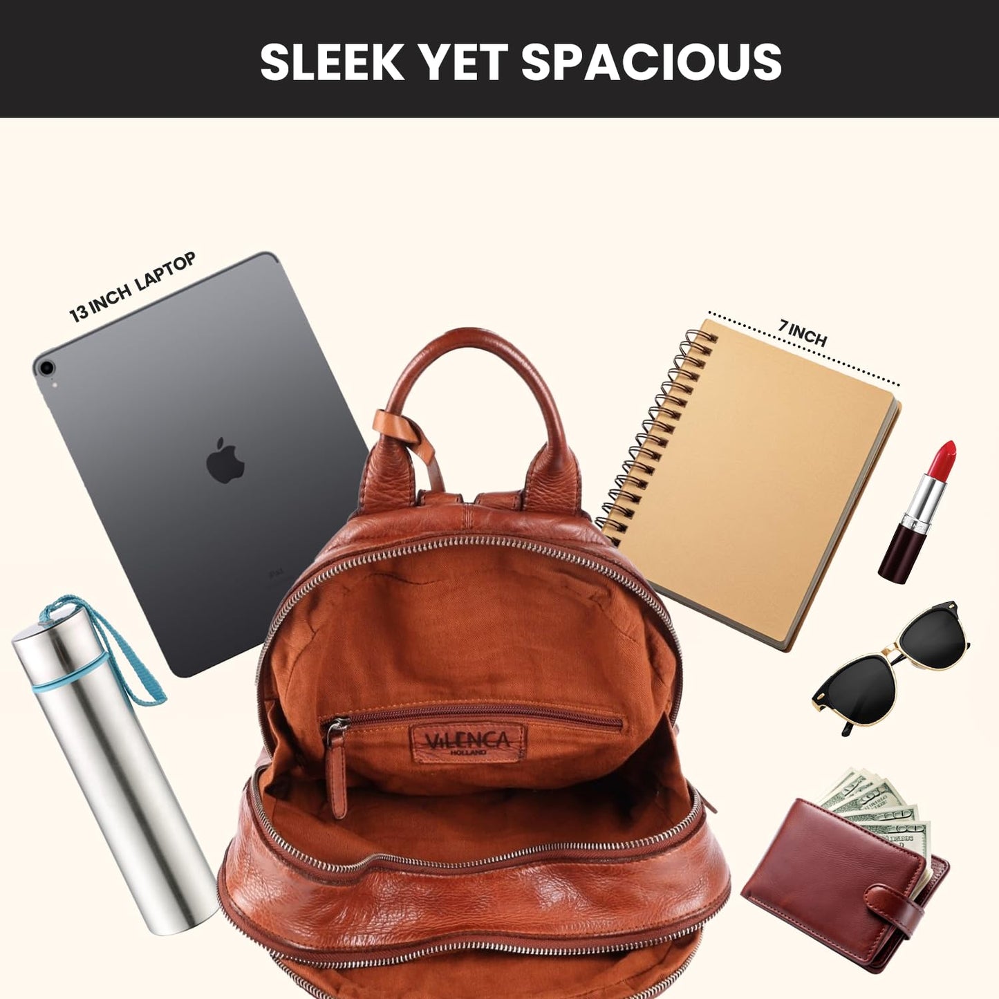 VILENCA HOLLAND Genuine Leather Backpack for Men, Casual Backpack for Women Office Bag with Adjustable Shoulder Strap (VL-054-COGNAC)