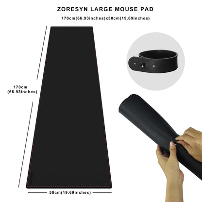 ZORESYN PU Leather Desk Mat Waterproof Anti-Oil Dining Table mat - 170x50cm - Non-Slip Mouse Pad, Large Desk Pad with Suede Base,Stitched Edges Computer Desk Mat for Gamer, Office & Home | Black