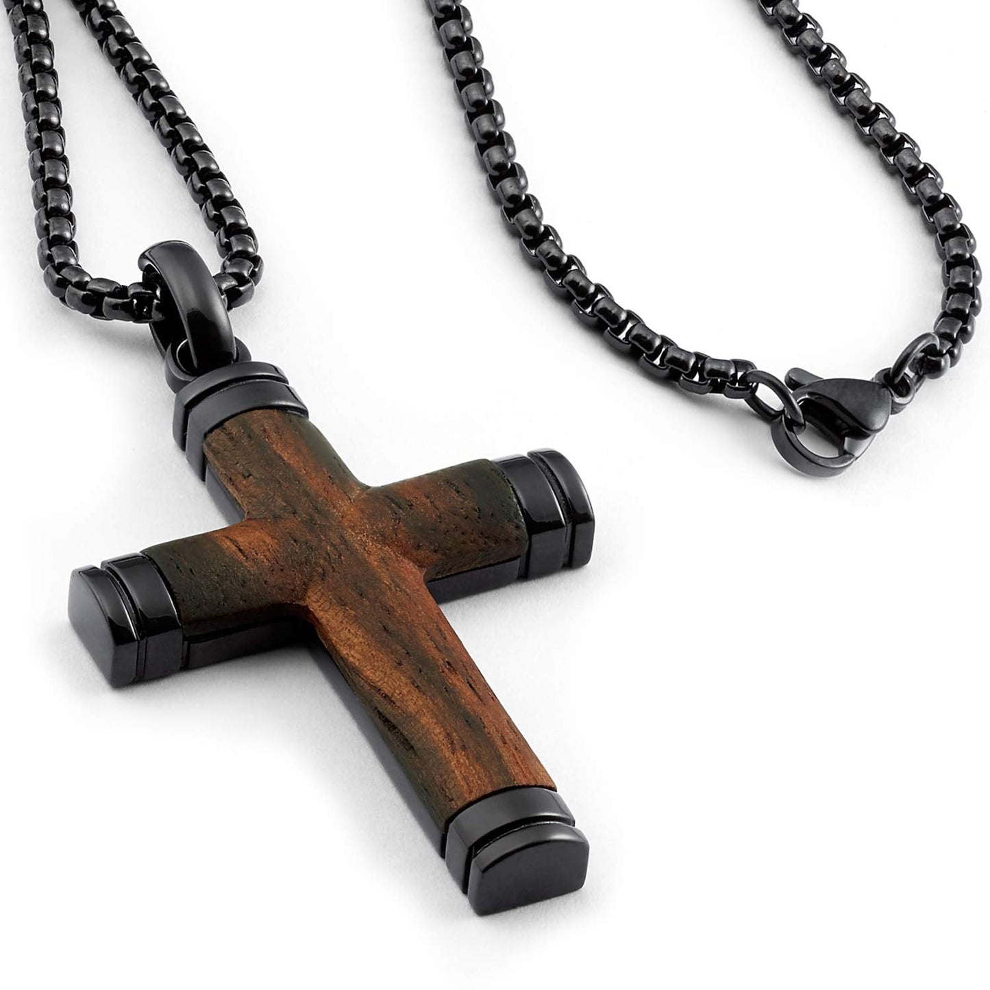 Metal Masters Co. Wood Cross Pendant Necklace Black Stainless Steel 24" Round Box Chain