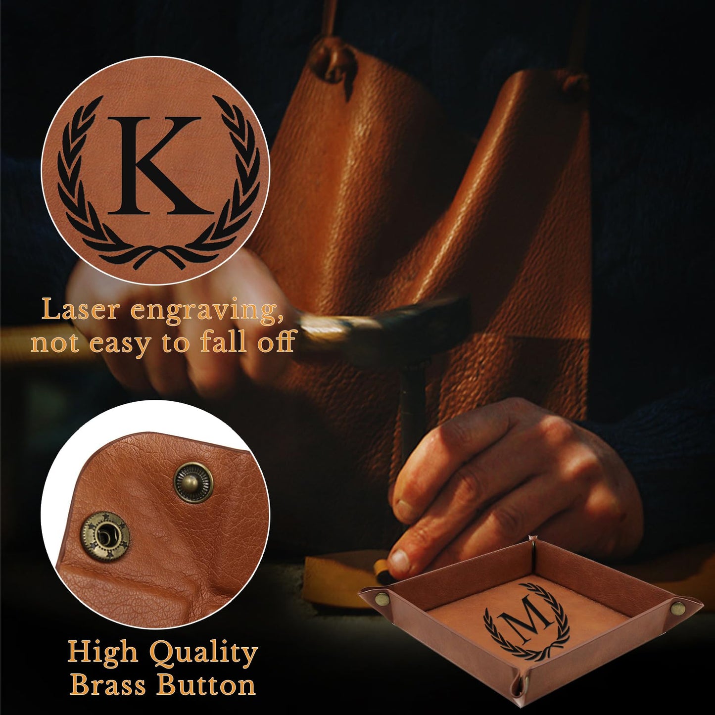 Personalized Leather Valet Tray Engraved Initials Key Tray Nightstand Organizer Valentines Day Birthday for Men Dad Husband Boyfriend (M)
