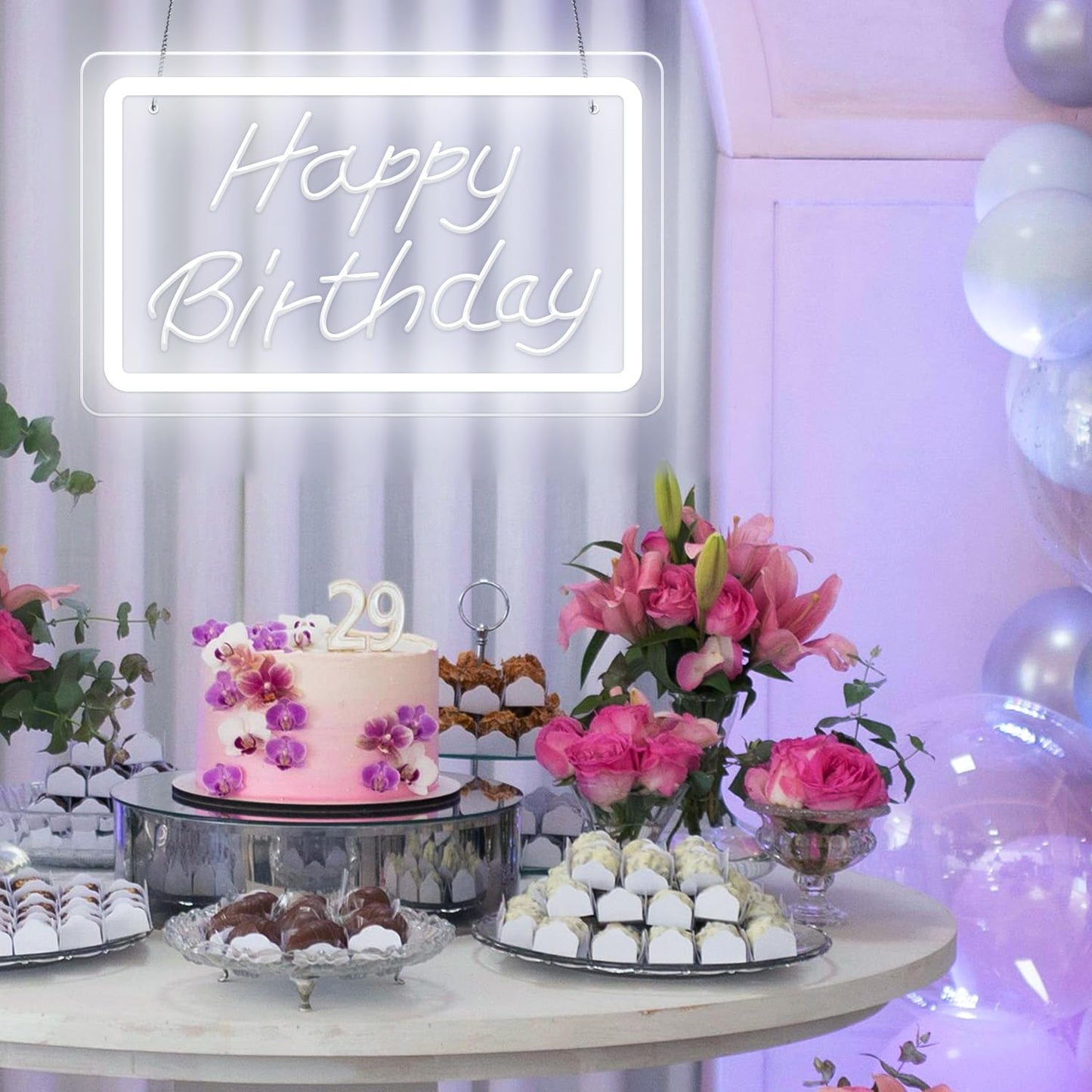 KeyDoors Happy Birthday LED Neon Sign 11.8 x 8.3in– White Dimmable Neon Light, USB Powered Wall Decor for Party Backdrop, Bachelorette Party Decor, Ideal Christmas Gift & Birthday Gift