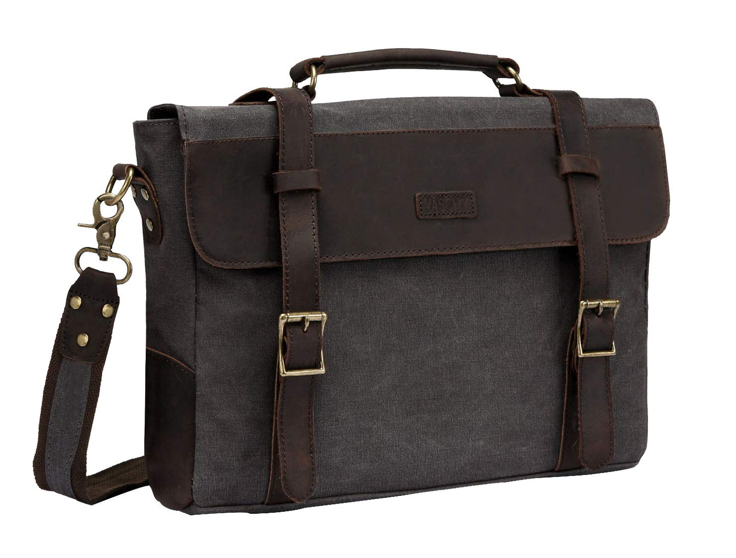 VASCHY Vintage Canvas Leather Messenger Bag School Shoulder Bag Business Briefcase Satchel Gray