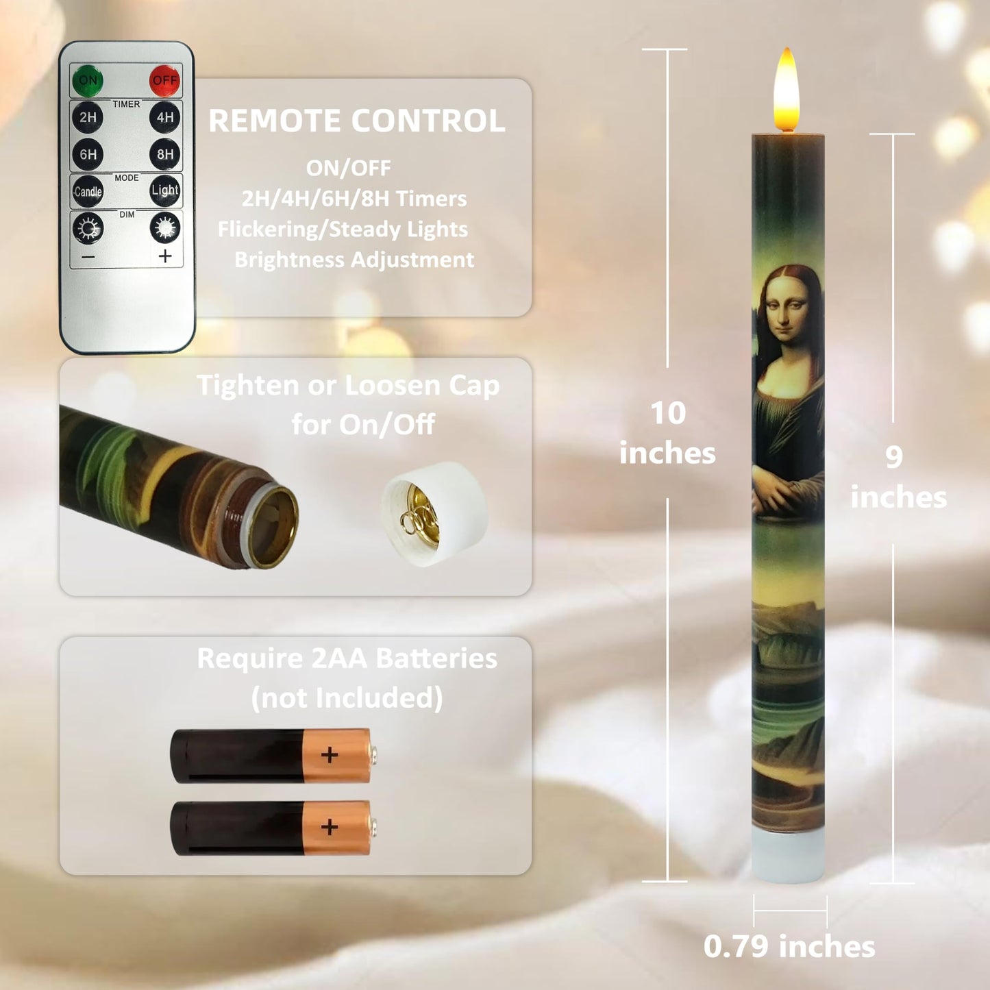 Mona Lisa Flameless Taper Candles - 10 Inch Set of 2 with Remote, Da Vinci Art Print LED Candles, Battery Operated Decorative Candles for Artistic Home Decor for Living Room, Study, Art Lover Gift