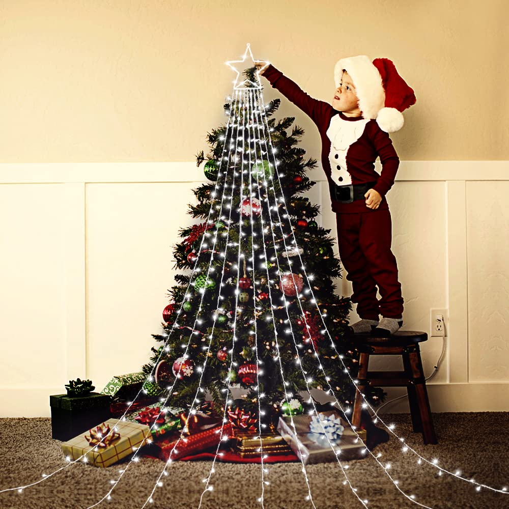 MINIAO Christmas Decorations Star String Lights, 320 LED Waterfall Tree Lights with 13" Topper Star 8 Lighting Modes Indoor Outdoor Decorative for New Year, Holiday, Wedding, Party