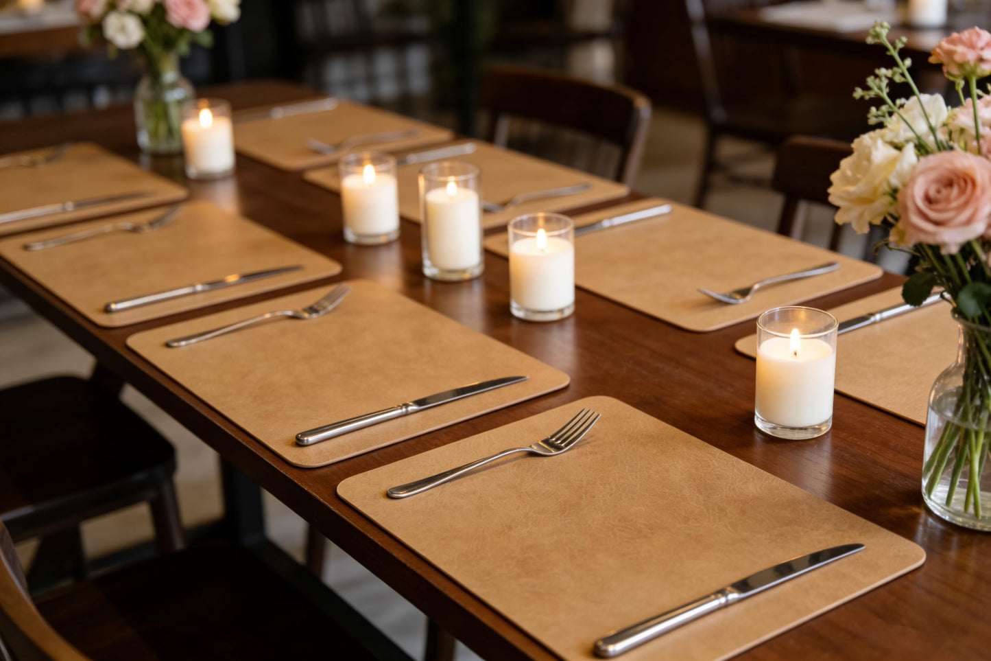 Faux Leather Placemats Set of 6, 18×12 Inch Waterproof Wipeable PU Place Mats Heat Resistant Anti Slip Dining Table Place Mats for Kitchen Dining Indoor & Outdoor Use (Light Brown)