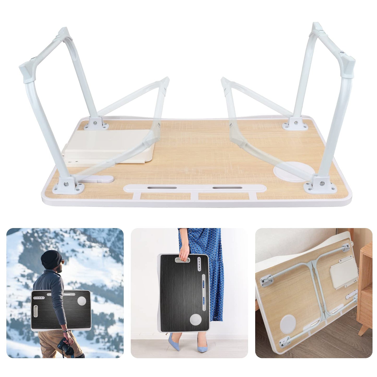 Laptop Bed Table, Laptop Desk for Bed, Foldable Laptop Bed Desk with USB Charge Port, Handle, Desktop Card Slot, Cup Slot, Side Drawer, Portable Laptop Table for Bed Eating Reading Working