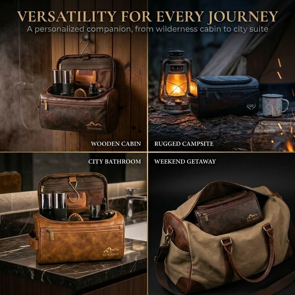 Ayperoad® Personalized Leather Toiletry Bag for Men, Custom Engraved Hanging Mens Toiletry Travel Bag, Groomsmen Gift for Dad Husband Boyfriend (Coffee)