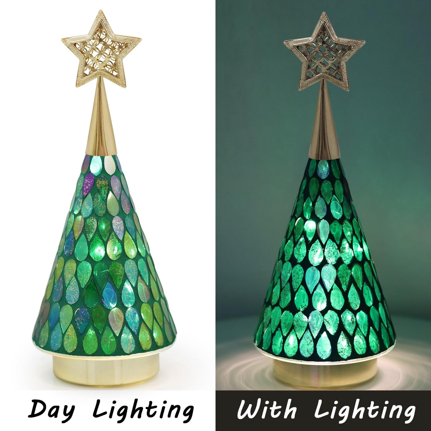 Green Glass Tabletop Christmas Trees, 3 PCS Handmade Mosaic Glass Small Christmas Trees with Light, Battery Operated Xmas Tree for Bedroom Decor 11"
