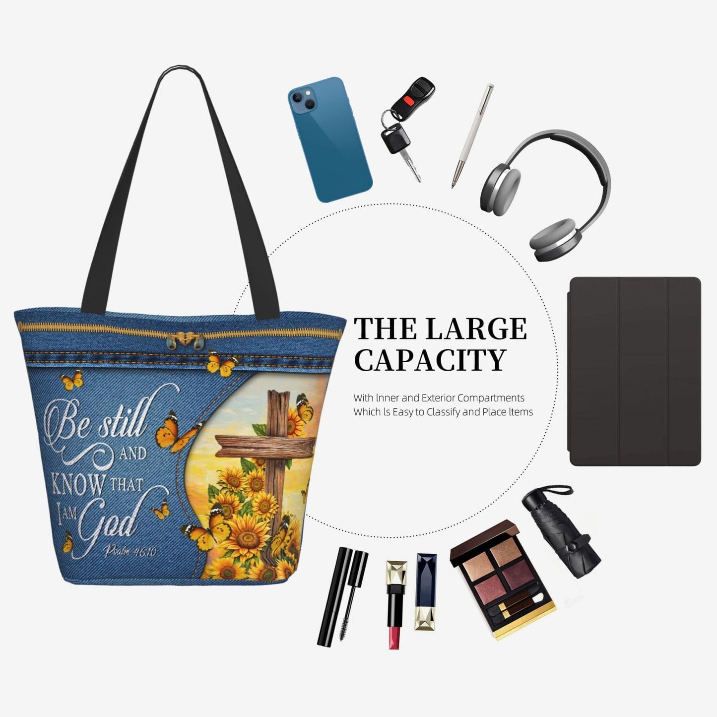 Sunflower Butterfly And Cross Bible Print Tote Bag Christian Gift Bible Women'S Handbag Christian Gifts Zippered Inspirational Tote Bags For Women Bible Verse Shoulder Bag Art Tote For Fit Work