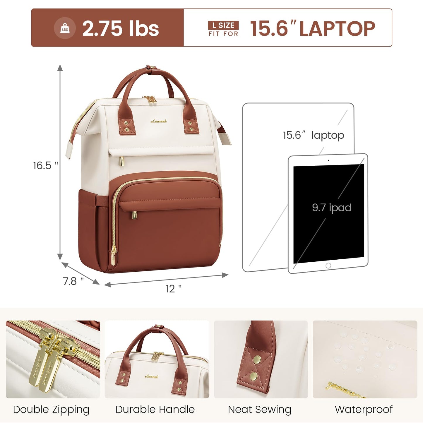 LOVEVOOK Leather Backpack for Women, 15.6 inch Laptop Backpack, Professional Work & Travel Bag, Women's Laptop Tote, Beige White-Brown