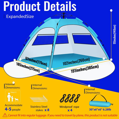 Pop Up Beach Tent Sun Shelter – Easy Set up in 3S Instant, Tents for 4/5 Person Beach Umbrella Sun Shelter Shade, UV 50+ Protection, Wind Resistant, Lightweight Portable Baby Tents Shade for Family
