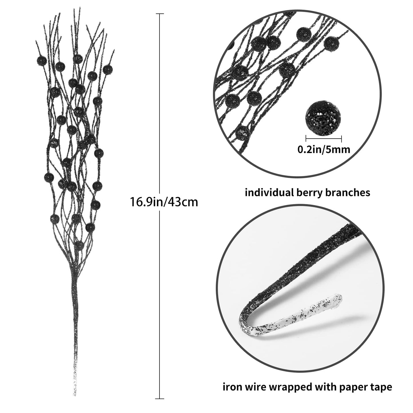 Losris Christmas Artificial Glitter Berry Stem Decorations Decorative Bead Sticks Xmas Picks Glittery Twigs Branches for Christmas Tree Wreath Gift Vase Decor Party Ornaments Black 24 PCS