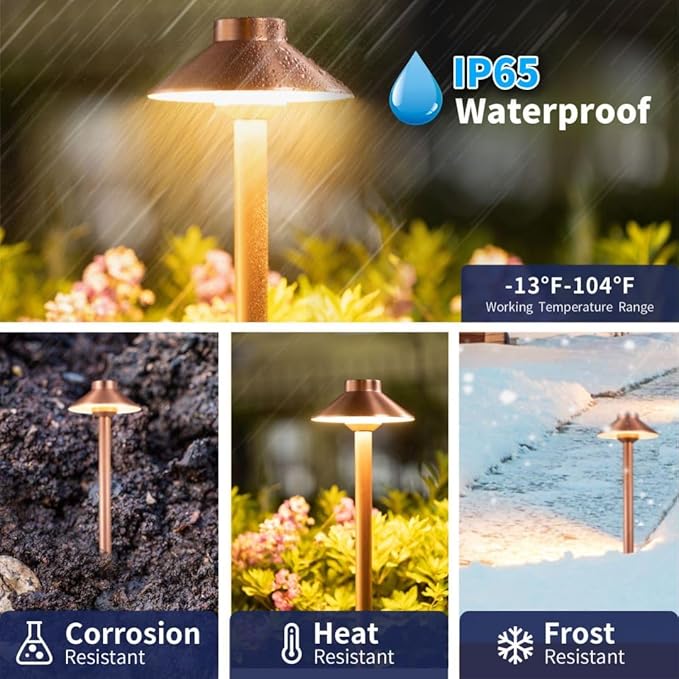 Gardenreet Brass Landscape Lighting Low Voltage, 12V AC/DC Waterproof LED Outdoor Copper Path Lights(Hat) for Sideway Garden with 3W G4 Bulb 2700K(10 Pack)