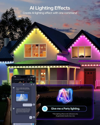 ASAHOM AI Permanent Outdoor Lights S107B, 100FT with 72 RGBCW LED Lights and Dual Output, 30,000 Lighting Effect Combination, IP67 Waterproof for House Halloween Christmas and Daily Decoration, Black