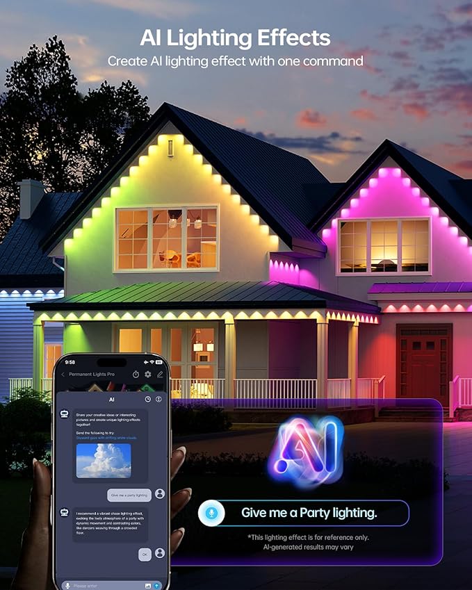 ASAHOM AI Permanent Outdoor Lights S107E, 300FT with 216 RGBCW LED Lights and Dual Output, 30,000 Lighting Effect Combination, IP67 Waterproof for House Halloween Christmas and Daily Decoration, Black