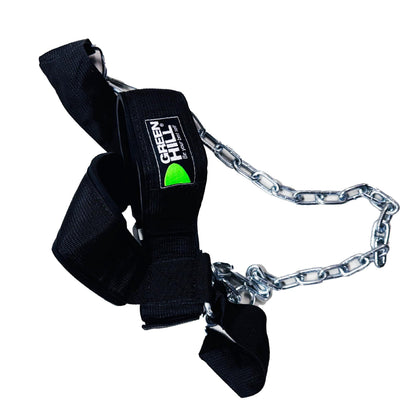 Green Hill Neck Harness for Weight Lifting – Heavy Duty Neck Trainer with Steel Chain & D-Rings, Adjustable Head Harness for Neck Strength Training, Wrestling, Boxing, MMA & Football Neck Workout Equipment