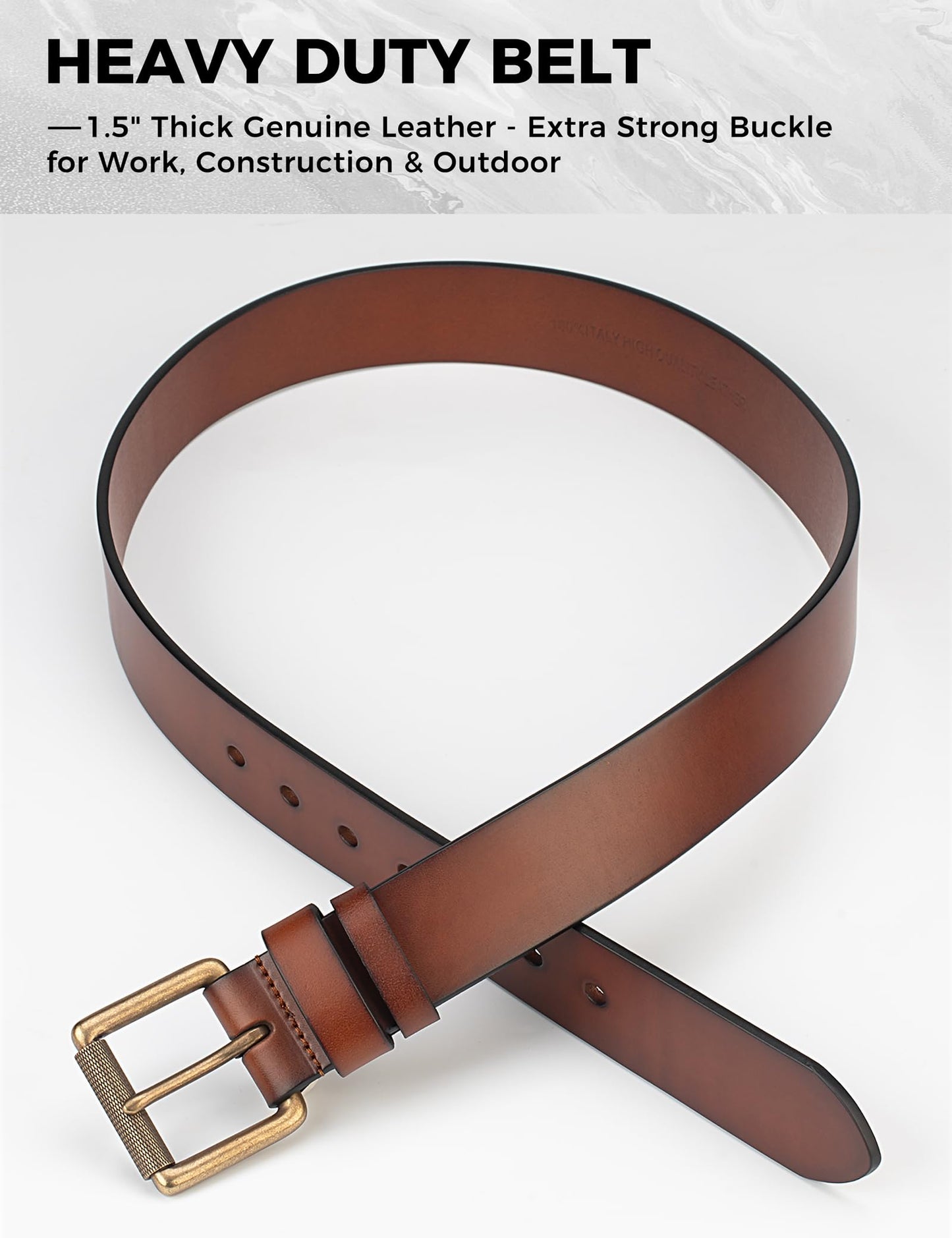 wolksprong Mens Heavy Duty Full Grain Leather Belt - 1 1/2 Italian Genuine Leather with Sturdy Buckle for Jeans Casual Pants